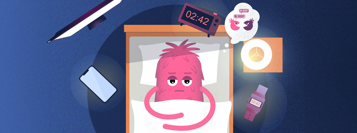 Cartoon-Figur im Bett mit Störungsfaktoren